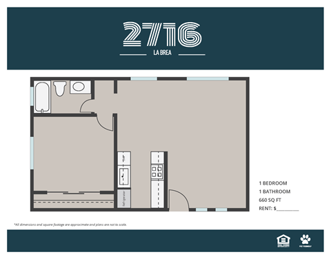 Floor plan for 1 bed, 1 bath, 660 sqft